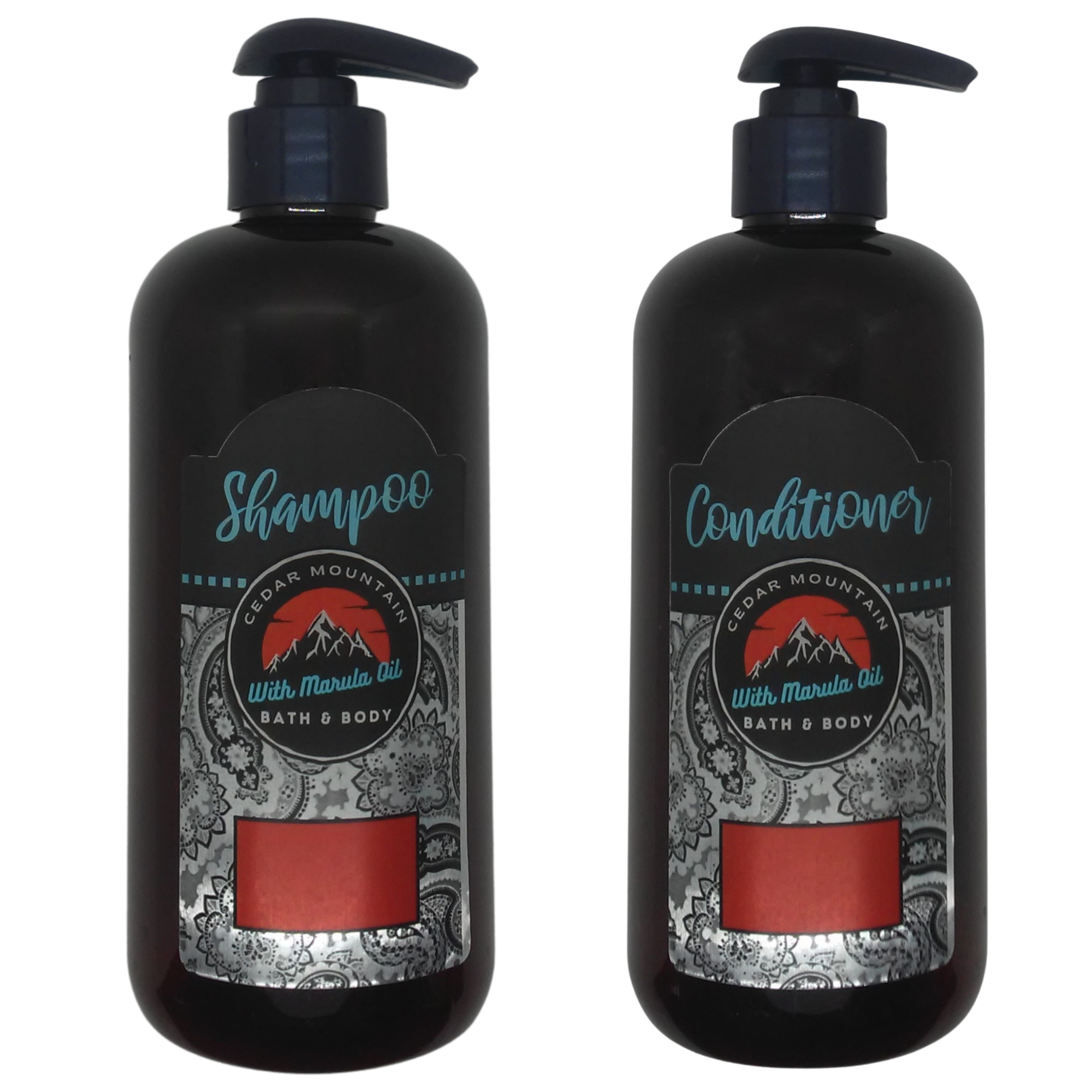 Cedar Mountain CranMango Scented Marula Oil Shampoo and Conditioner bottles with tropical design, showcasing 12 oz size.